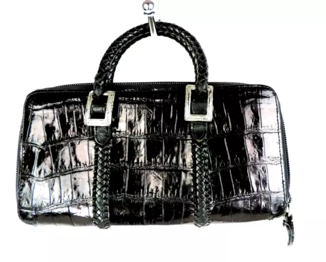 BRIGHTON Black Croc Print Leather Crossbody Organizer Purse Wallet Travel Bag