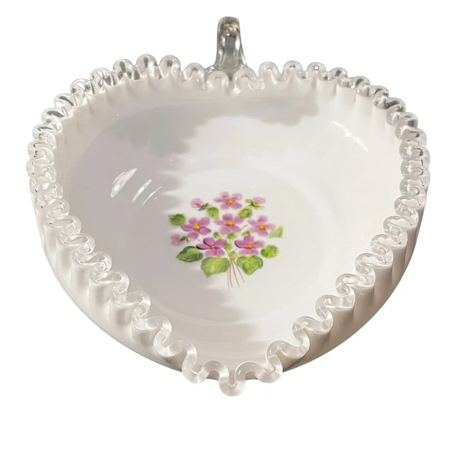 Vintage Fenton Violets In The Snow Silver Crest Heart Shaped Candy Jewelry Dish
