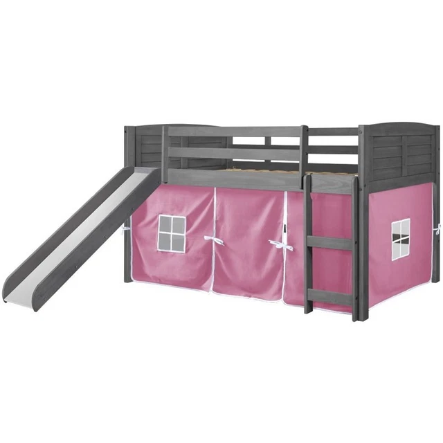 Rosebery Kids Twin Solid Wood Low Slide Loft Bed with Pink Tent in Gray