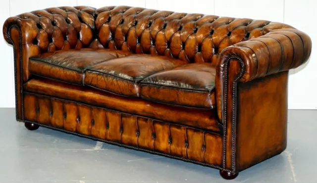 1930'S Hand Dyed Restored Whisky Brown Leather Chesterfield Club Sofa English 3