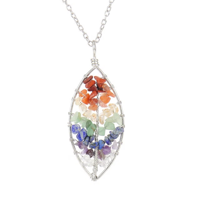 Natural 7 chakra Crystal Tree of Life Leaf Pendant Necklace Healing Reiki Amulet