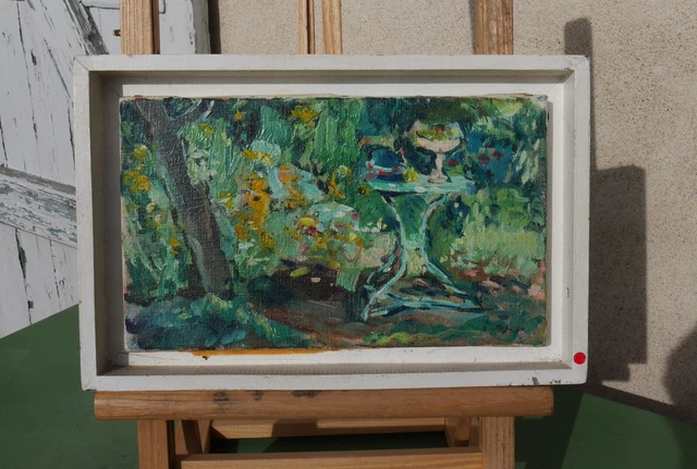 Tableau Peinture Huile Hst Signe Ancien Paysage Jardin Garden Oil On Canvas
