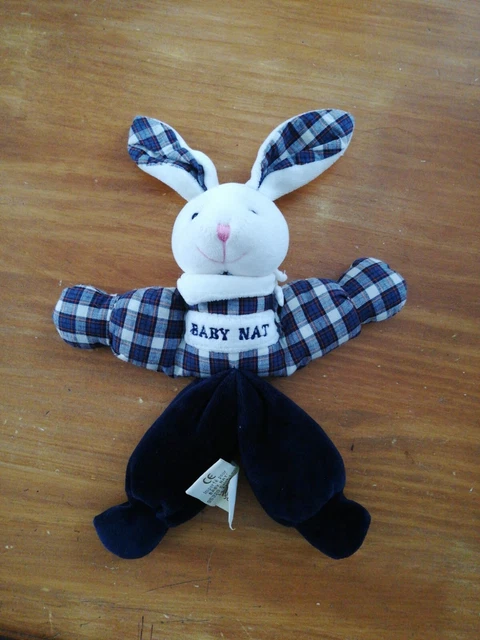 Doudou Peluche Babynat Lapin Blanc Bleu A Carreaux Vichy Hochet Grelot