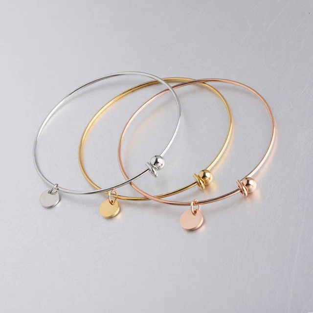 5 piezas Brazalete Ajustable de Acero Inoxidable con Dije de Etiqueta Redonda de 8 mm 60 mm