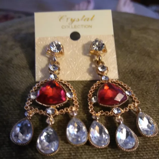 Crystal Collection Red Crystal Drop Goldtone Earrings NWT