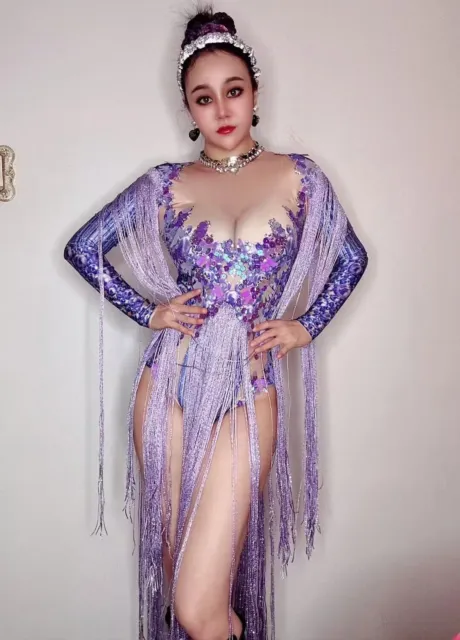 Rhinestone purple tassel tight fitting clothing for performance and party wear