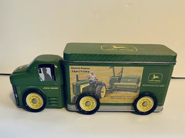 John Deere Collectible Tin Semi Truck 6 Turning Wheels Double Removeable Lid Top