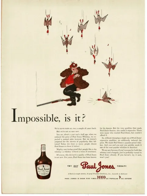 1940 Paul Jones Whiskey duck hunter 7 with one shot Cartoon art Vintage Print Ad