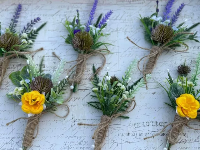 Rustic buttonhole Scottish Thistle Heather Hessian Wedding Artificial Flowers 1x