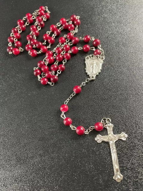 Vintage Catholic Red Art Glass Rosary Beads Crucifix