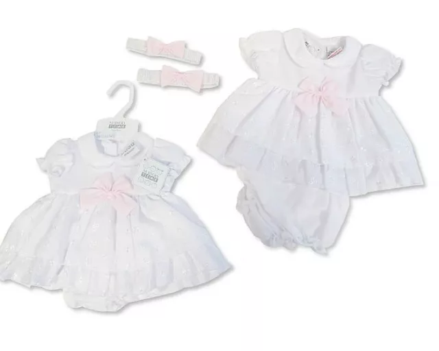 Baby Girls Spanish Romany Bow Dress Pants & Headband Set White Pink  NB - 6 Mths