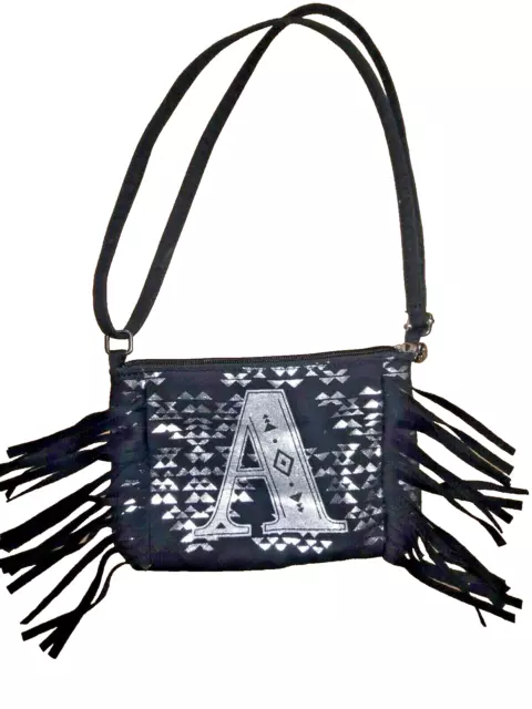 💥 Girl's Black Fringe Silver Initial A Hand Bag Crossbody Purse New Aztec Tote