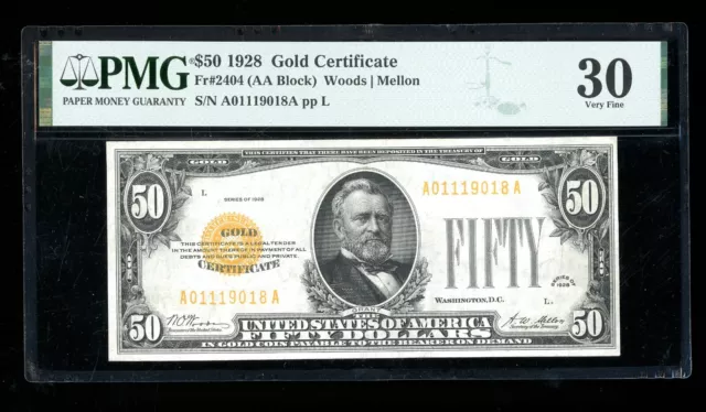 DBR 1928 $50 Gold Certificate Fr. 2404 PMG 30 Serial A01119018A