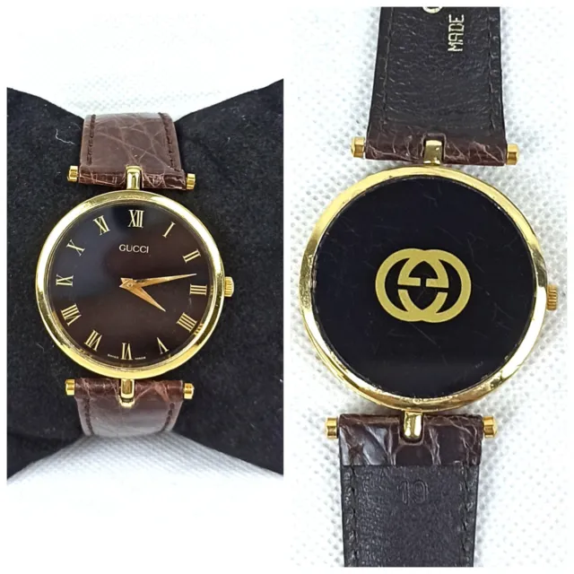 Rare Golden Gucci Watch Vintage Wristwatch Luxur Round Black Dial Swiss Unisex