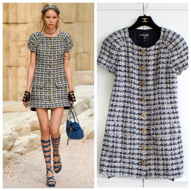 CHANEL CRUISE 2018 Greece Grey Navy Tweed Gold Owl Coin 18C Mini Dress  $1,990.00 - PicClick