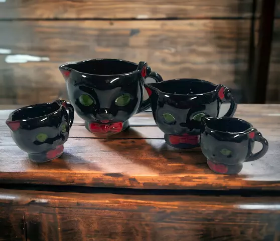 Shafford Japan Black Cat RED bow Measuring Cups Set Redware Vintage Goth Kitchen