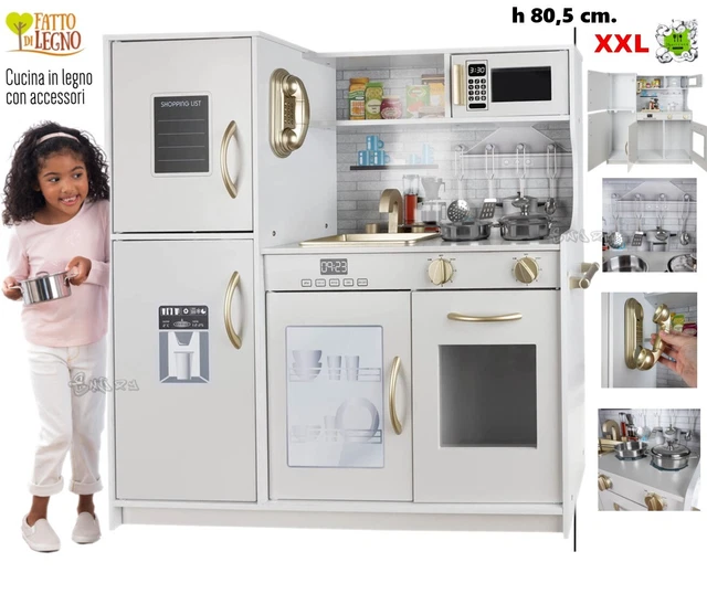 Cuisine Enfants En Bois 3-6 Ans 18 Accessoires Avec Évier Micro-ondes Dispositif Anti-basculement Blanc/Rose/Gris/Rose+Blanc