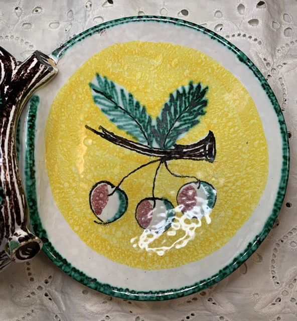 Vintage Italian Majolica Pottery Split Double Bowl Serving Dish Fruit and Branch 3