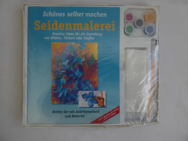 Juego de cartón pintura de seda con libro de instrucciones, pincel, 5 colores, 1 paño de seda