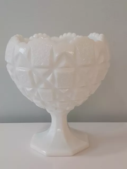 Vtg Westmoreland Old Quilt Milk Glass Cupped Footed Pedestal Compote Bowl 6"