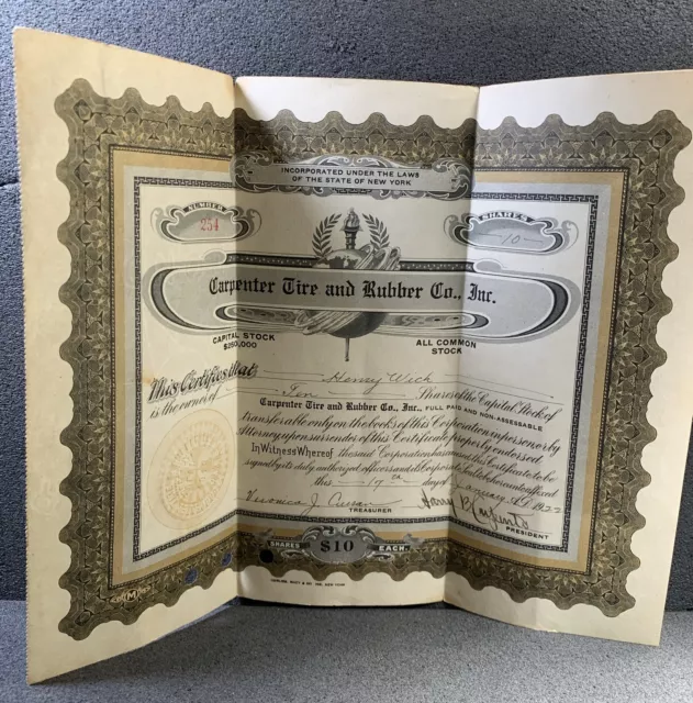 CARPENTER TIRE AND RUBBER CO. INC.  STOCK CERTIFICATE, 1922 Henry Wick 10 Shares 2