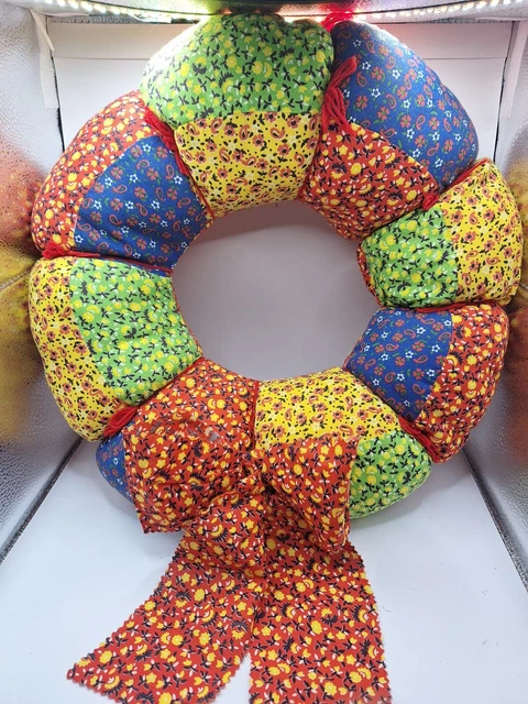 Vintage  Christmas Wreath Quilted Stuffed Fabric Handmade  Retro Decor Large