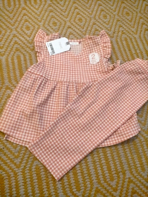 NEXT Baby Girls Rust Pink Gingham Wrap Top Trousers Outfit 9-12 Months BNWT