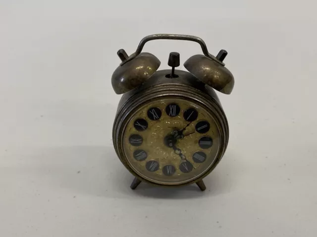 Antique Jerger German Rare Brass Gold Face Tabletop Wind Up Alarm Clock Germany