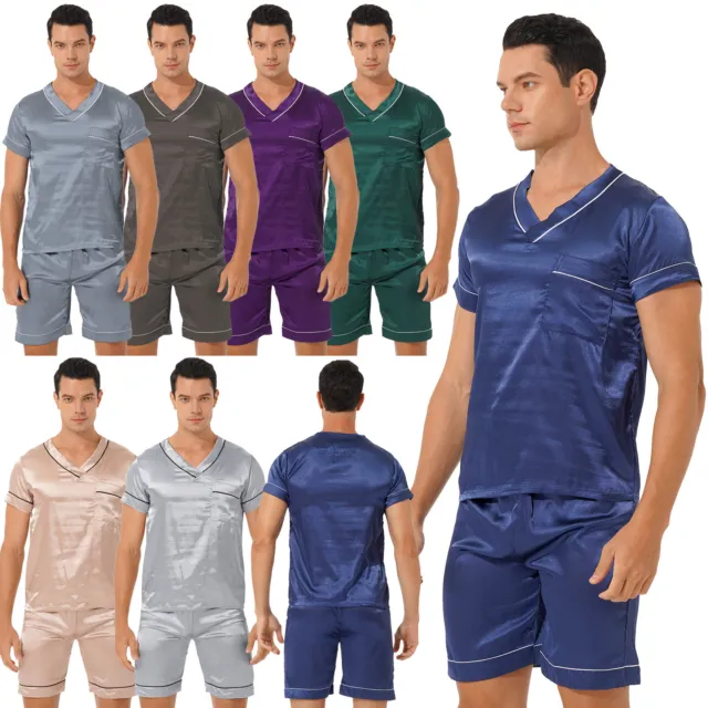Mens Silk Satin Pajamas Set Short Sleeve T-shirt + Shorts Sleepwear Loungewear