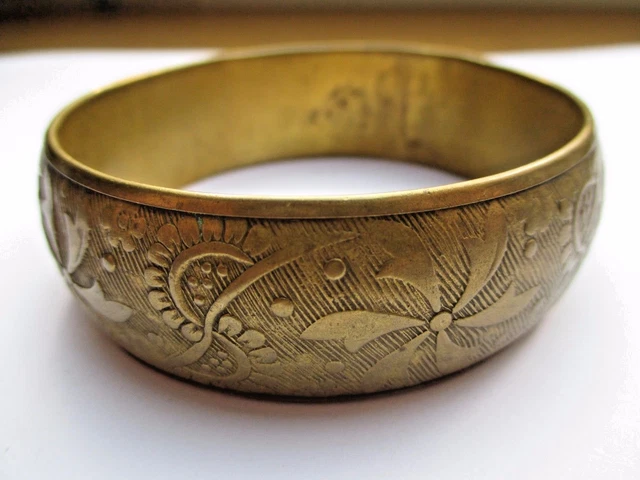 Bracelet Jonc Cuivre Jaune Incrusté De Nacre - Vintage - Bijou Ancien Parfait