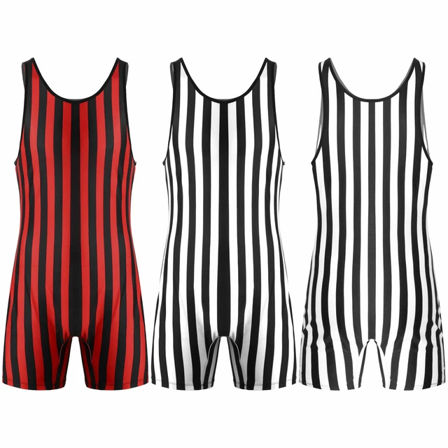 US Mens Striped Wrestling Singlet Bodysuits Swimsuit One Piece Sleeveless Sports - View #9