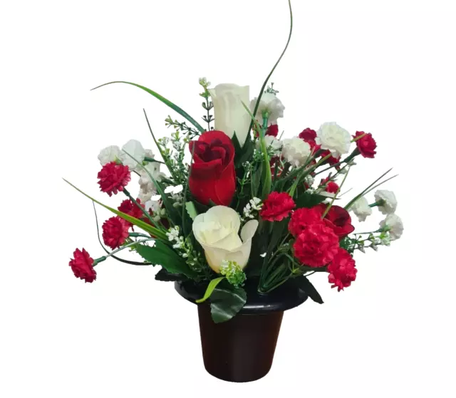 Mothers day Artificial arrangement In Memorial Grave Pot. Rose and Chrysanthemum