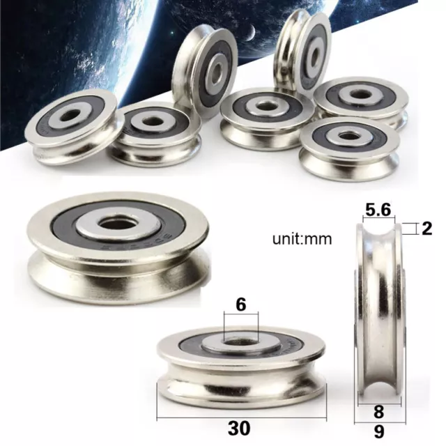 6x30x8mm U V Groove Metal Pulley Ball Bearings Wheel Wire Rope Guide Rail Roller