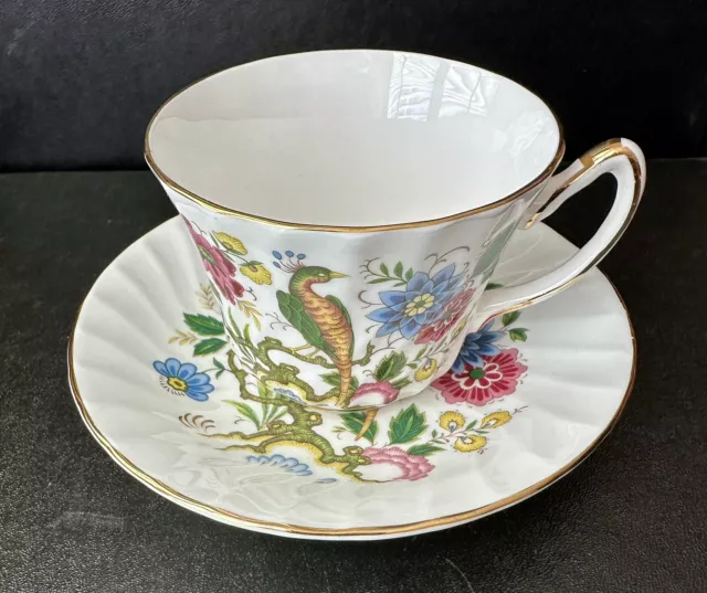 Royal Sutherland Staffordshire UK Teacup & Saucer - Bird and Floral Gold Trim