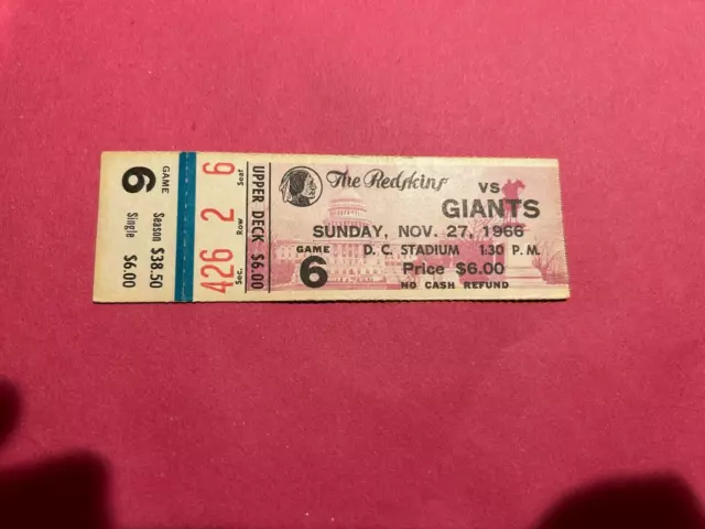 orig. 1966 WASHINGTON REDSKINS highest scoring game in NFL history TICKET STUB