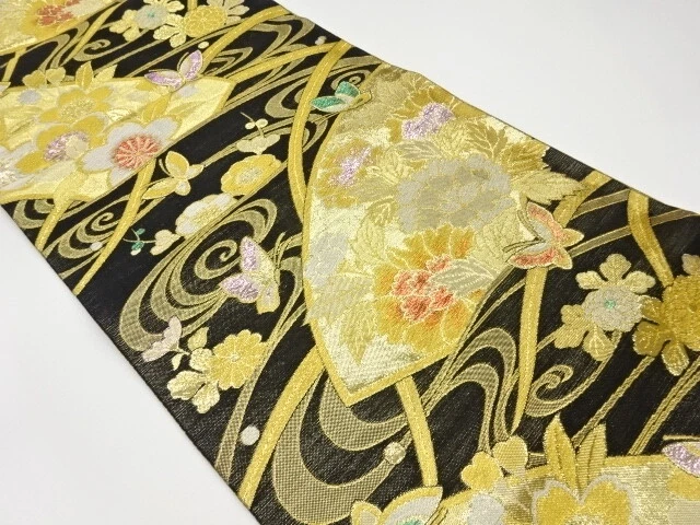 5939107: Japanese Kimono / Vintage Fukuro Obi / Woven Butterfly & Stream