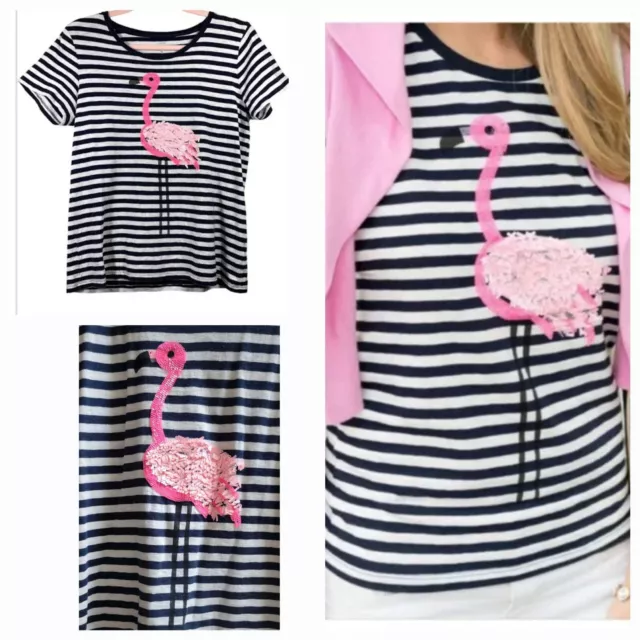 J Crew Tee Navy Striped Pink M Flamingo Sequinned Top Collectors T-Shirt NWOT