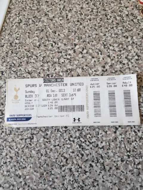 MATCH TICKET PREMIER LEAGUE SPURS V MAN UTD 1st dec 2013