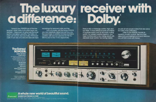 1977 Sansui 9090DB Stereo Receiver - "Luxury Difference" - 2 Page Print Ad Photo