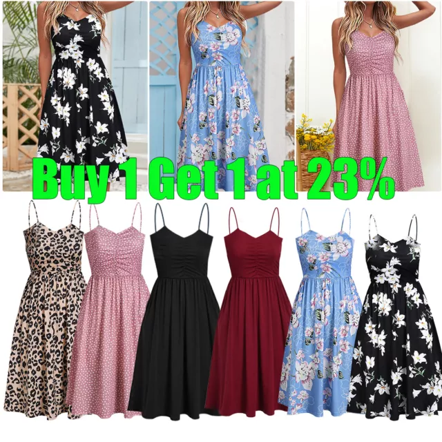 Women Summer Floral Beach Midi Swing Dress Holiday Strappy Sun Dresses Size New