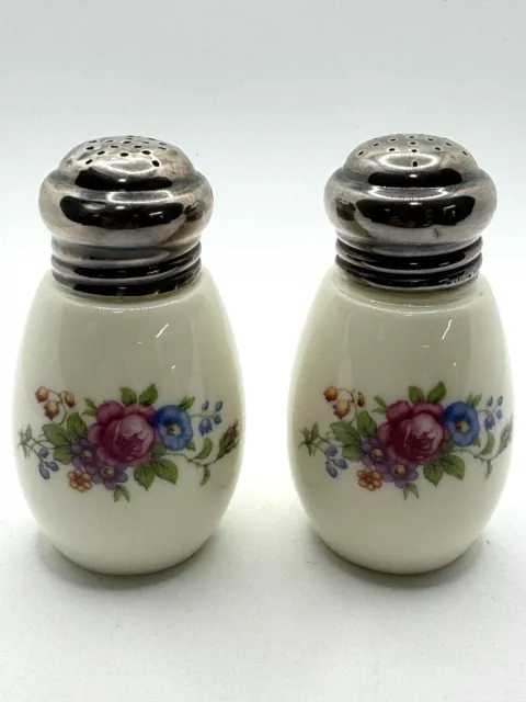 Vintage Lenox Rose Salt & Pepper Shaker Set Porcelain With Sterling Silver Lids