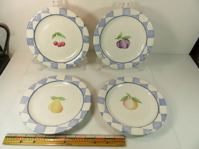 4 Hopscotch Pfaltzgraff  Salad Plates 4 Fruits 8 inch Pear Cherry Peach Plum USA