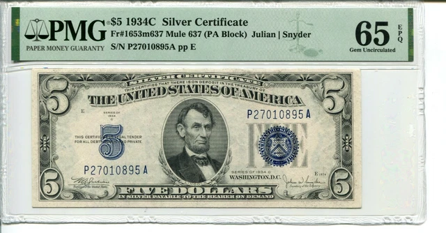 Fr 1653 1934C Mule Back Plate 637 $5 Silver Certificate Pmg 65 Epq Gem Unc.