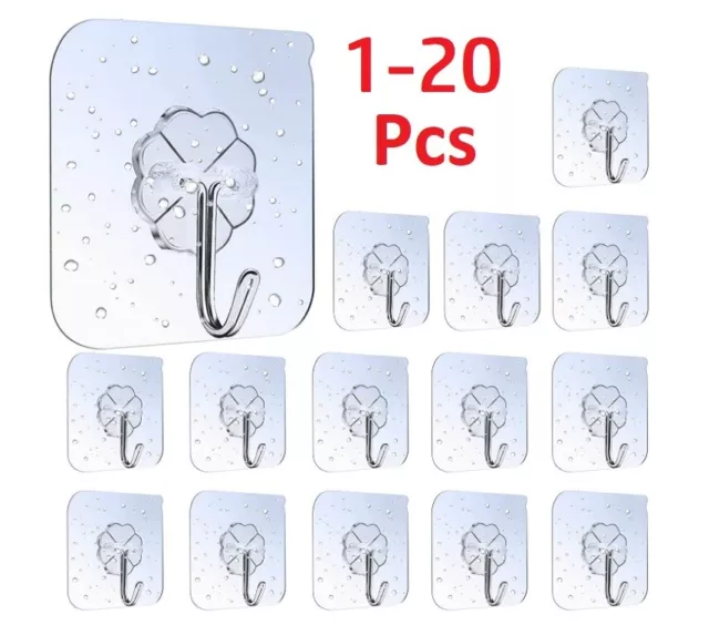 1-20 Hooks Self Adhesive Strong Sticky Heavy Duty Wall Seamless Transparent Hook