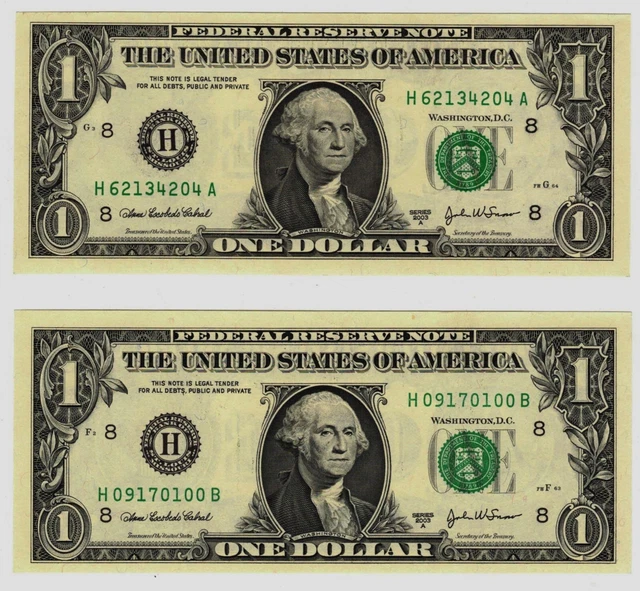 2003-A Two Block Pair $1 One Dollar St Louis Federal Reserve Notes Grading Gem