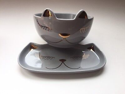 New 2 Set Arlington Kitty Cat Ceramic Jewelry Key Tray Breakfast Bowl Cat Feline