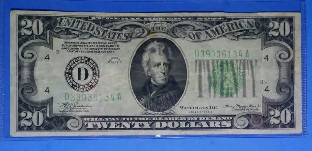 *1934 $20 ~Frn D- Cleveland ! Dark Blue Green Seal, Vf. Circ.!  Old Us ! Nice !