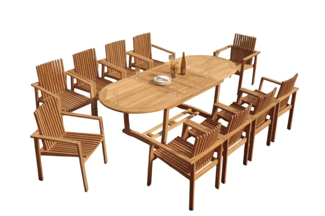 A-Grade Teak 11pc Dining 94 Mas Oval Table Clipper Stacking Arm Chairs Set