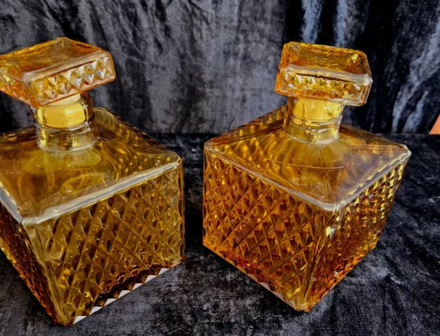 Mid Century Diamond Cut Amber PAIR Glass Decanters 1960's