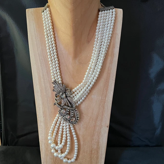 HEIDI DAUS 6 Strand Pearl with Swarovski Crystals Bow Necklace
